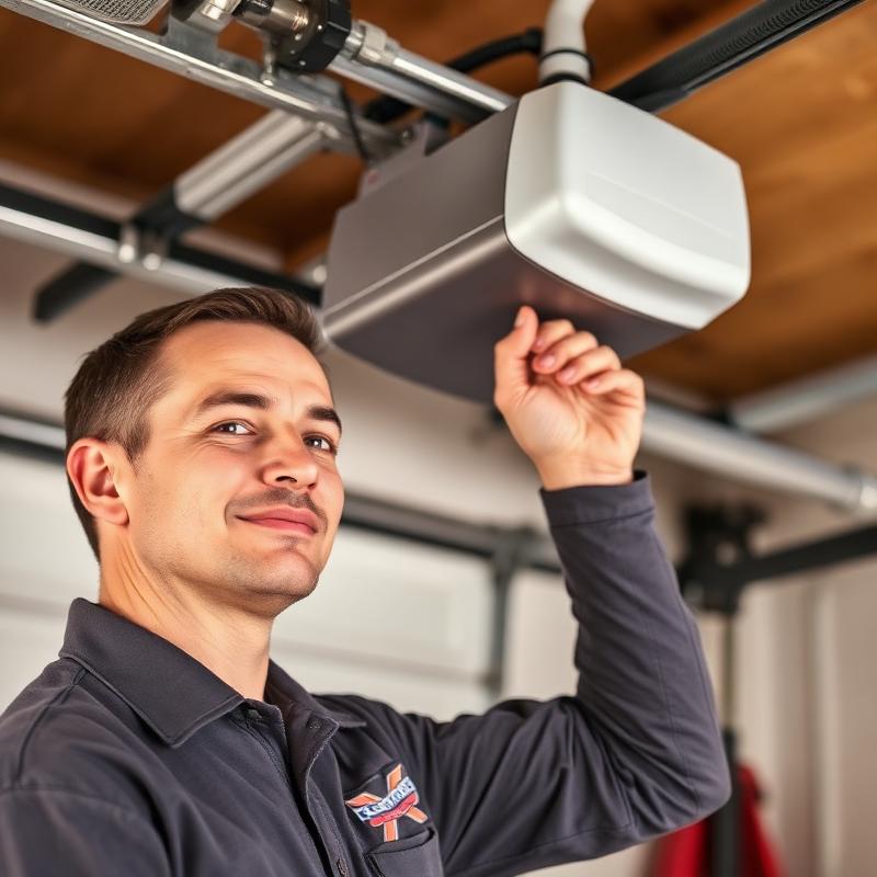 Experienced garage door technician adjusting opener motor in Pinetops NC